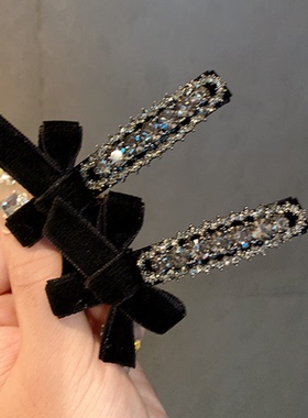 轻奢复古！丝绒蝴蝶结发夹！小香风灰色水钻发卡高级感刘海盘发器