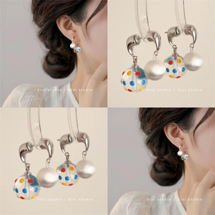 雨落星球！彩色波点拉丝银球耳钉！冰透琉璃珠耳环甜美耳饰盘发器