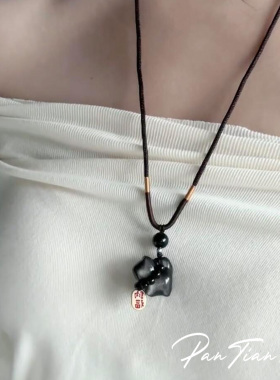 黑色银耀石猫咪水晶项链秋冬小众