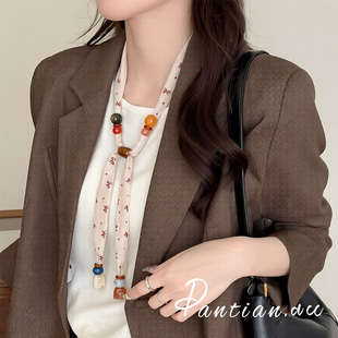 韩式白色蝴蝶结串珠丝巾可调节系脖领巾2026新款百搭护颈西装配饰