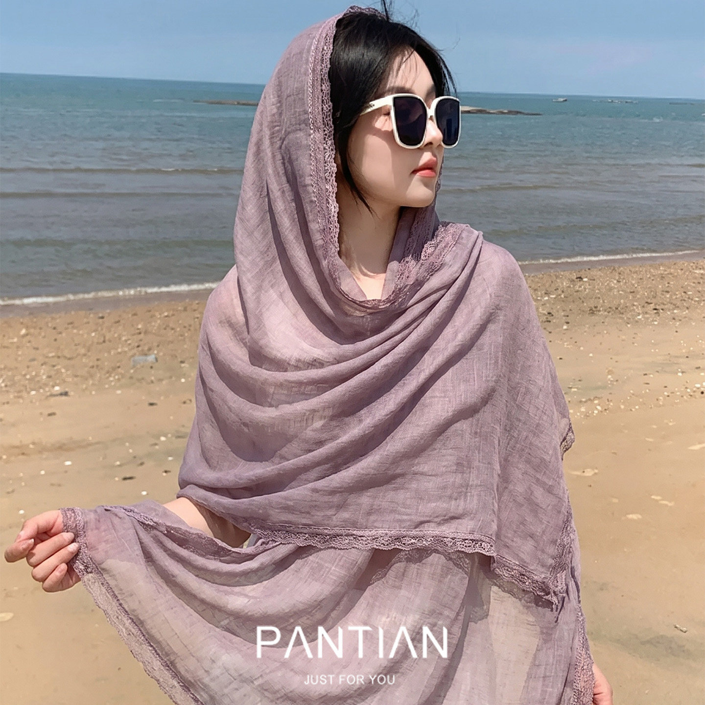 海边度假紫色包头头巾女旅游防晒大丝巾披肩裙子开衫斗篷2026新款