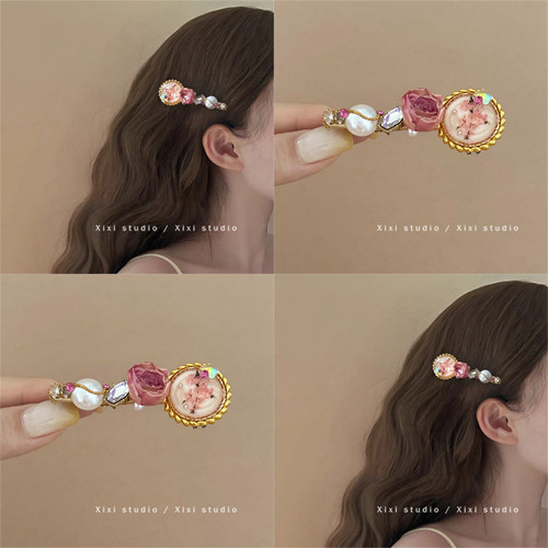 甜美玫瑰花鸭嘴夹滴油干花发夹