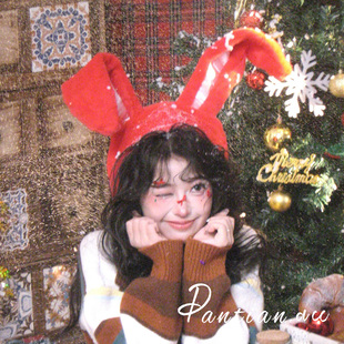 红色毛绒兔耳朵帽子女2025新款 扮头饰 圣诞发饰兔子头套拍照道具装