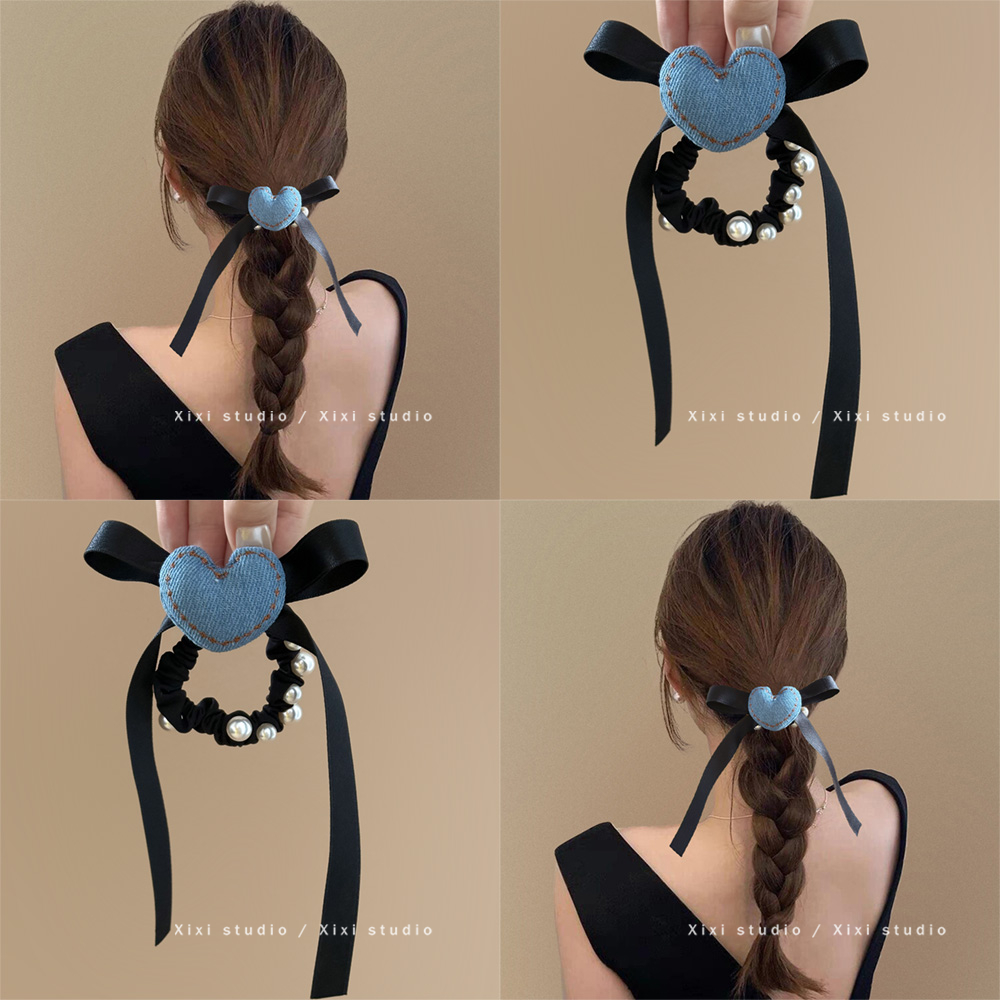 复古布艺牛仔蓝爱心珍珠发圈