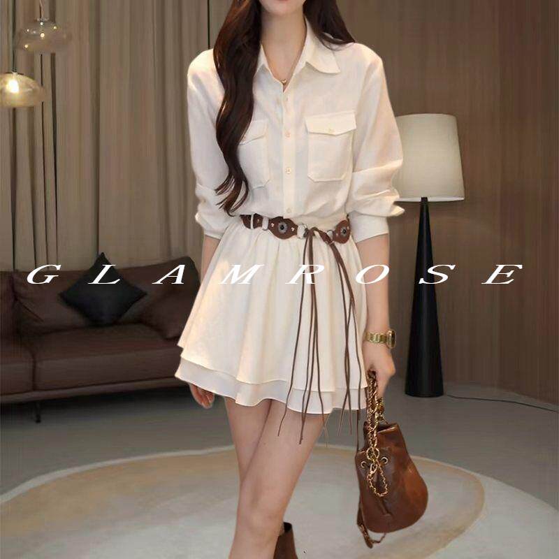 GLAMROSE⭐简约风衬衫领连衣裙女长袖收腰显瘦气质腰带三件套白色