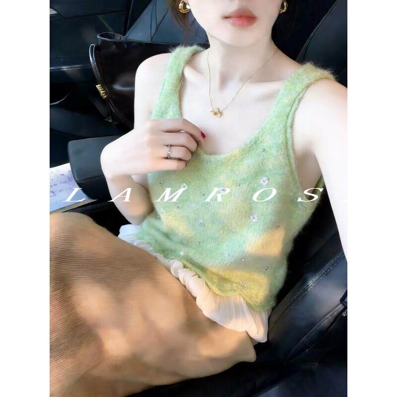 GLAMROSE⭐小清新蓝色镶钻立体花朵拼接网纱无袖针织吊带背心女