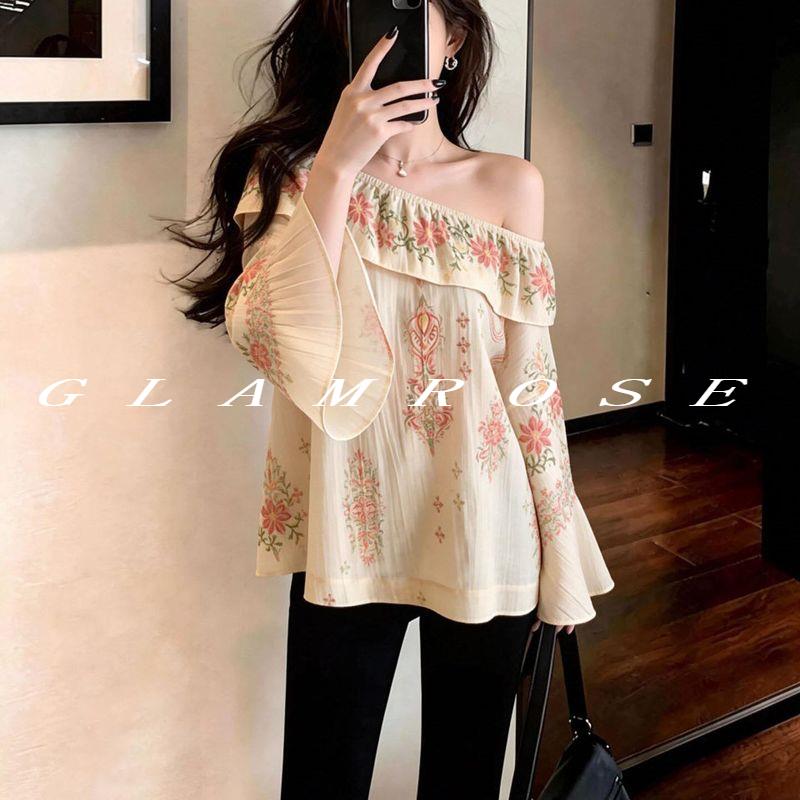 GLAMROSE一字领荷叶边衬衫