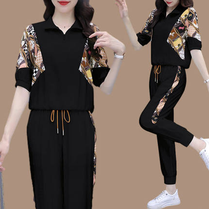 时尚冰丝短袖休闲套装女夏季2025新款大码洋气妈妈运动跑步两件套
