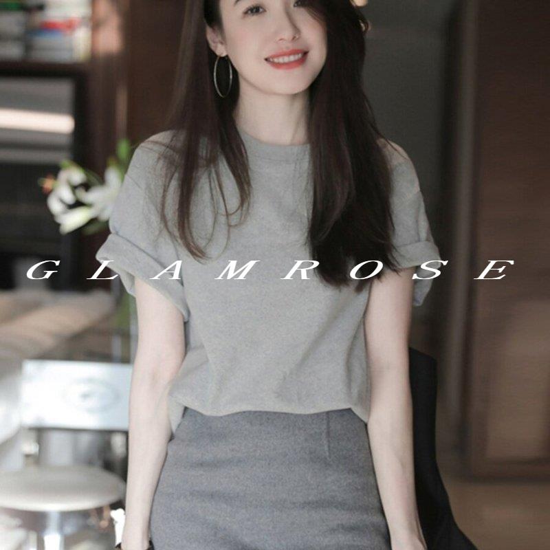 GLAMROSE通勤短袖圆领T恤女