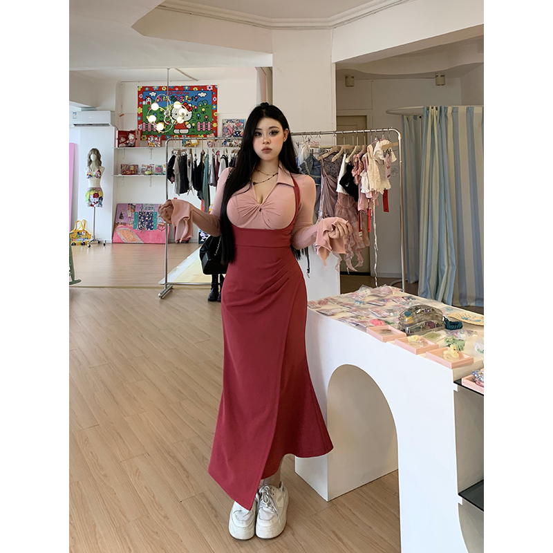 黑泽玄七微胖mm2023早秋新款连衣裙遮肚子显瘦包臀性感吊带裙女