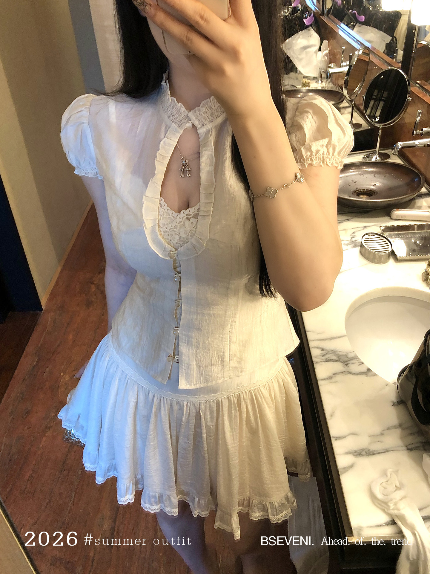 黑泽玄七【爱恋莉莉斯】微胖夏季蕾丝美背收腰短袖a字半裙套装女