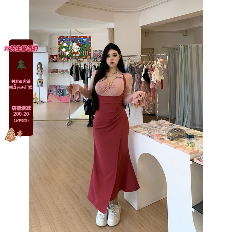 黑泽玄七微胖mm2023早秋新款连衣裙遮肚子显瘦包臀性感吊带裙女