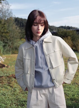 INGE 奶白色工装感口袋简约翻领皮衣夹克外套