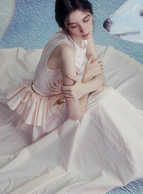 INGE 薄雾玫瑰色花苞设计感拼接抽褶半身裙长裙