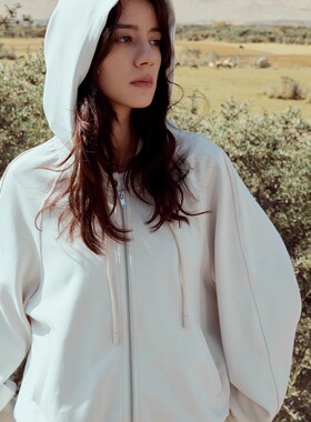 INGE 冷灰色超柔软莫代尔落肩宽松抽绳百搭休闲卫衣连帽拉链外套