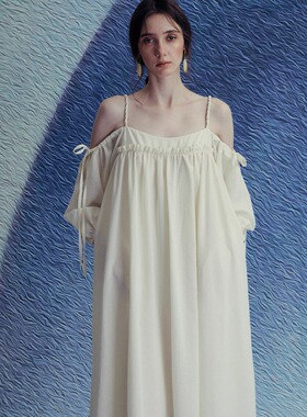 INGE 白杏色设计感纽结吊带度假风浪漫吊带灯笼袖系带长裙