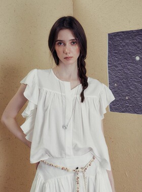 INGE 雪融白悬垂花边落肩袖拼接圆领百搭排扣衬衫宽松短上衣