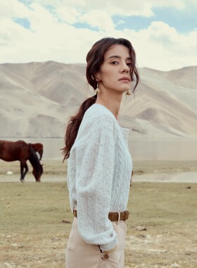 INGE 全羊毛软糯花纱绒感舒适亲肤复古麦穗菱格纹理宽松针织开衫