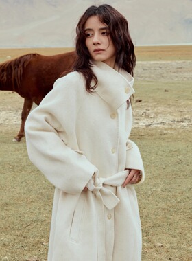 INGE 淡金杏重磅澳毛极简廓形立领插肩袖系带长款双面呢外套大衣