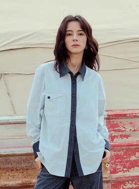 INGE 海湾蓝复古牛仔棉条纹拼接设计感袖口oversize阔版宽松衬衫