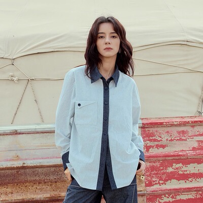 条纹拼接设计感袖口宽松衬衫