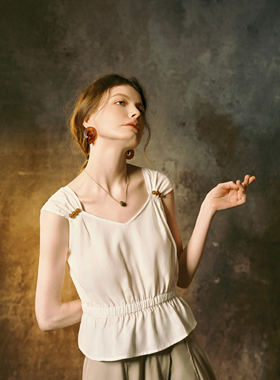 INGE 希腊海岛 竹节砂洗天丝贝壳袖珠饰收腰荷叶边上衣