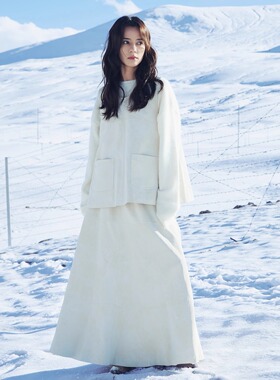 INGE 米灰色哑光雾面晕染肌理立裁分割挺阔A型大裙摆半身裙皮裙