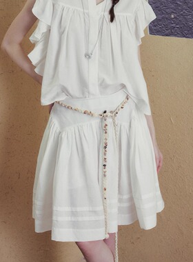 INGE 雪融白天丝麻塔克褶拼接宽松分割百搭极简半裙短裙