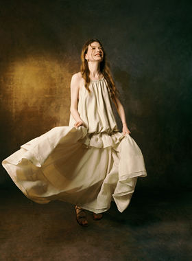 INGE STUDIOS奶油南瓜色天丝麻法褶荷叶边垂坠感半身长裙