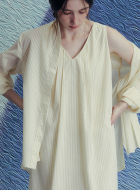 INGE 柔鹅黄极简抗皱宽松骨干阔型百搭竖条衬衫防晒外套
