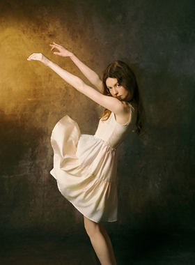 INGE 熏风点彩油画晕染抽褶花边船领锦棉双层蓬蓬裙连衣裙