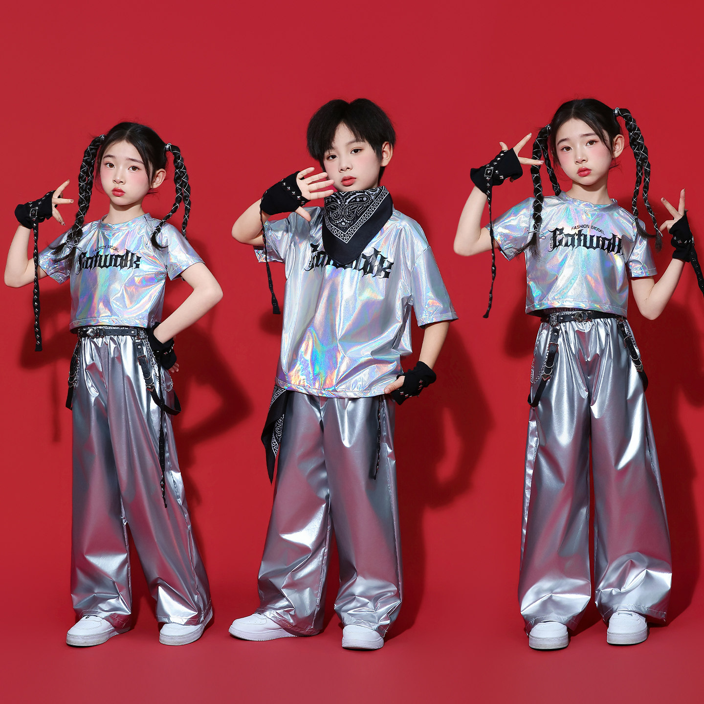 儿童嘻哈街舞演出服男女童银色科技感套装幼儿园中小学生中大童AI