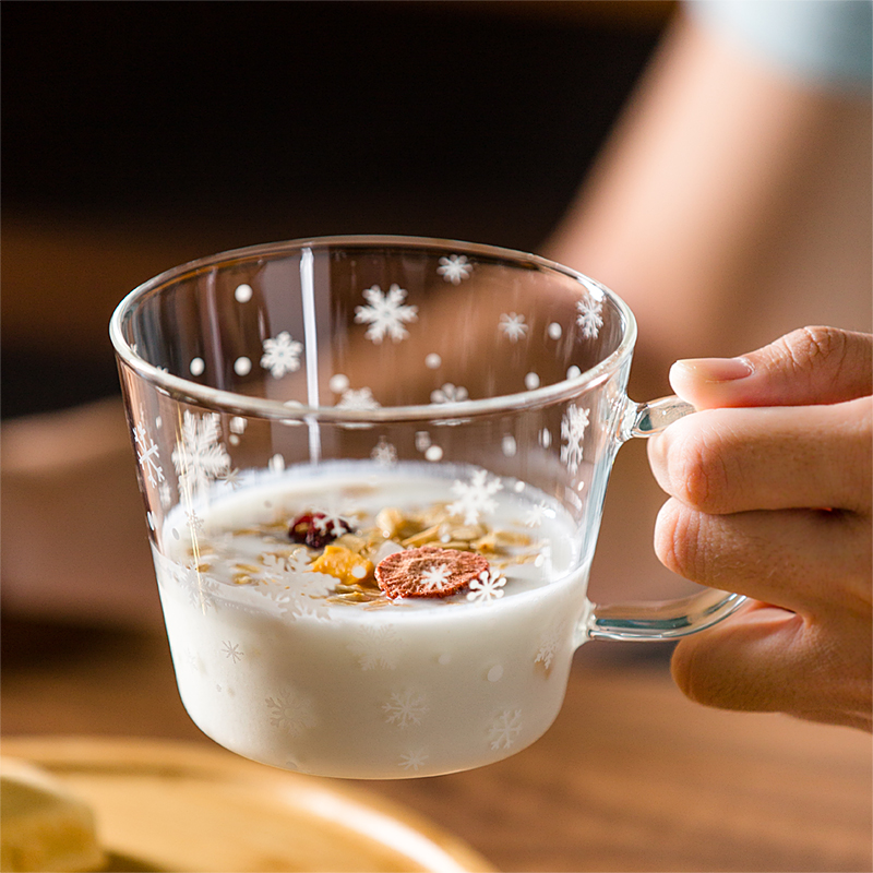 耐热玻璃水杯清新可爱印花微波炉家用早餐L燕麦杯牛奶麦片把手杯