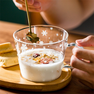 耐热玻璃水杯清新可爱印花微波炉家用早餐燕麦杯牛奶麦片把手杯子