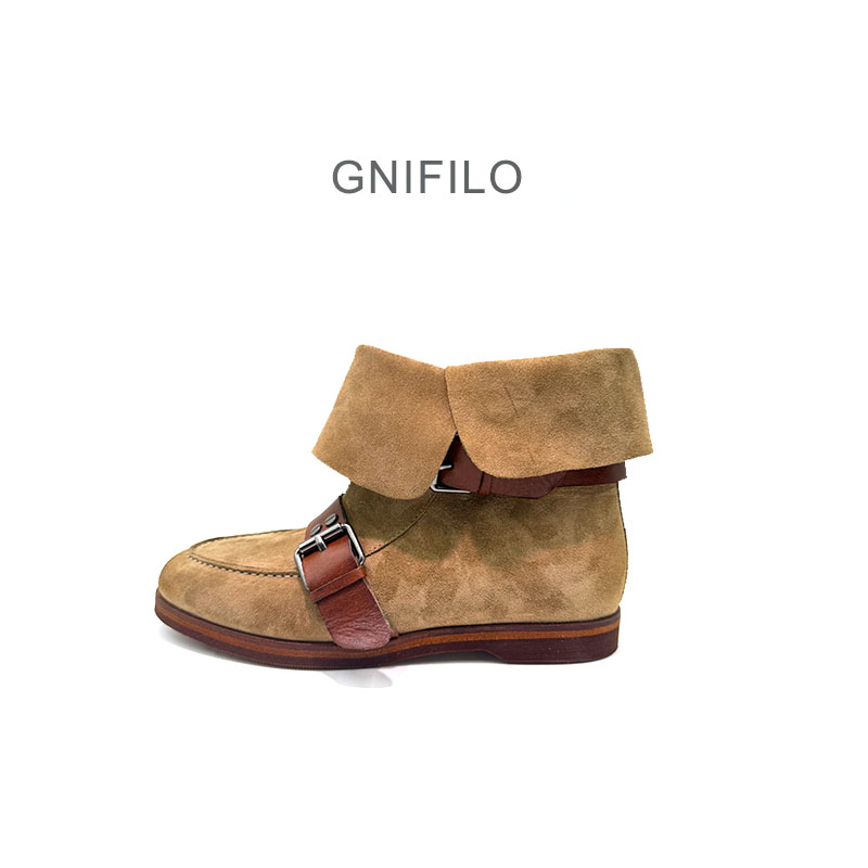 GNIFILO欧美复古风皮带扣短靴女冬季百搭显瘦骑士靴