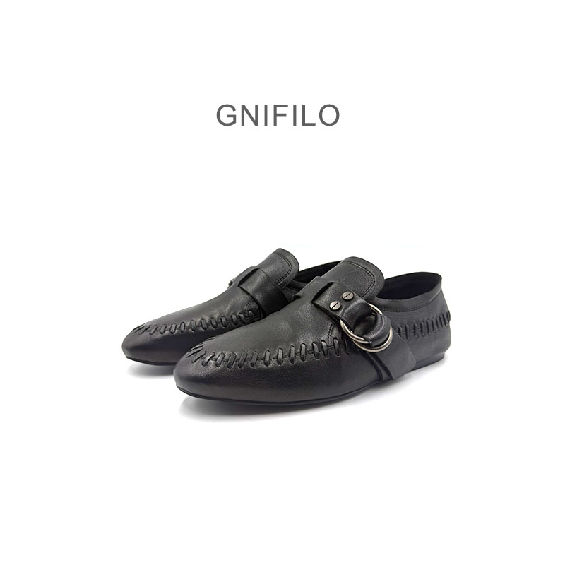 GNIFILO英伦风皮带扣乐福鞋女黑色真皮一脚蹬懒人平底鞋