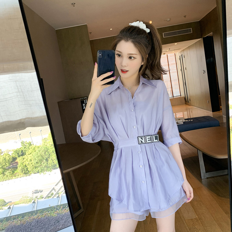 大码女装时尚小个子防晒套装女夏气质收腰衬衫休闲短裤洋气两件套