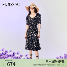 摩萨克夏季法式V领泡泡袖收腰高腰黑色碎花印花长连衣裙女