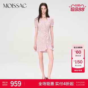 商场同款 摩萨克夏款粉色小碎花短袖围裹法式短款连衣裙女