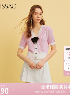 MOISSAC摩萨克夏小香风法式蝴蝶结V领针织衫上衣女