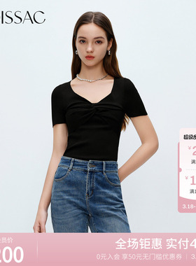 商场同款 摩萨克夏季法式简约扭结V领短袖针织衫套头上衣女