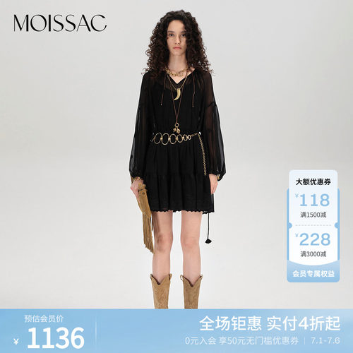 摩萨克透视感绣花法式长袖连衣裙