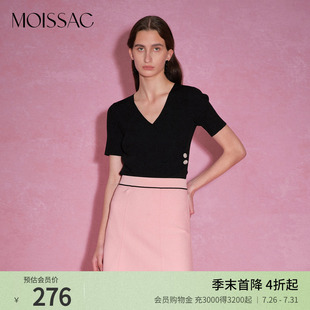 套头上衣女 商场同款 摩萨克春装 v领显瘦抽褶短袖 毛针织小衫
