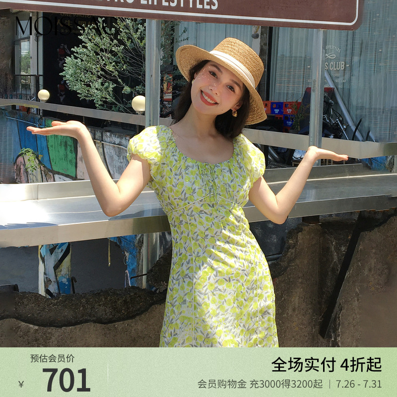商场同款 摩萨克夏大圆领连肩泡泡袖收腰印花短款连衣裙女