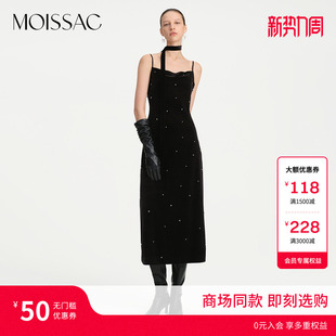 吊带连衣裙女 钉钻长款 商场同款 摩萨克春黑丝绒修身