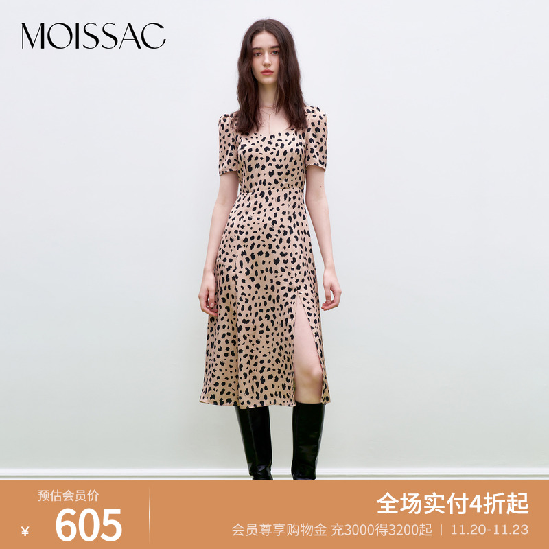 方领收腰豹纹波点印花连衣裙