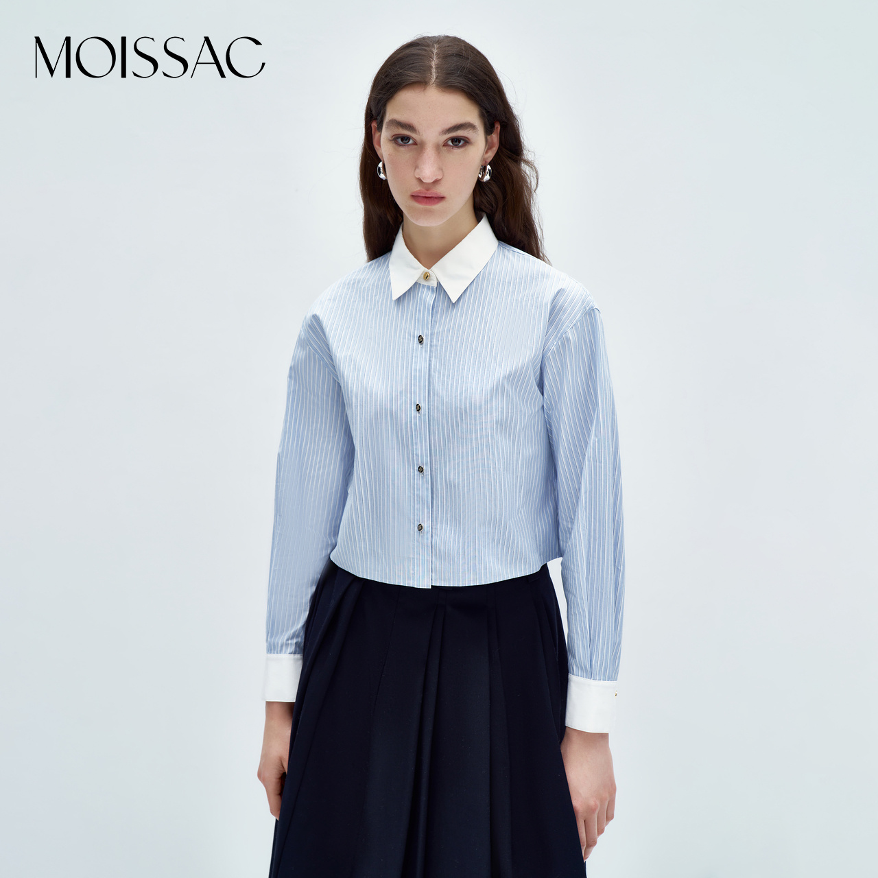 法式复古蓝白条纹翻领长袖衬衫