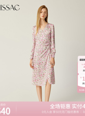 MOISSAC摩萨克春装侧开叉裙摆樱花粉碎花长款长袖连衣裙女
