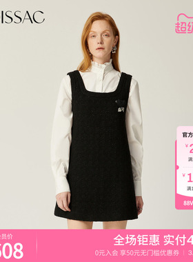 商场同款 摩萨克春混纺绵羊毛粗花呢黑色粗花呢连衣裙女