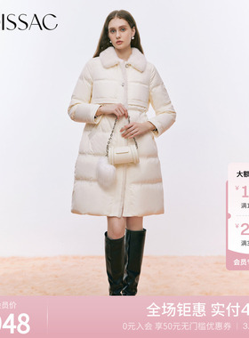 MOISSAC摩萨克冬白鸭绒90风衣复古毛领翻领中长款羽绒服外套女